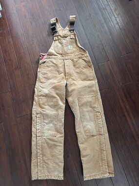 VTG Carhartt bib overalls youth L brown insulated canvas double knee faded